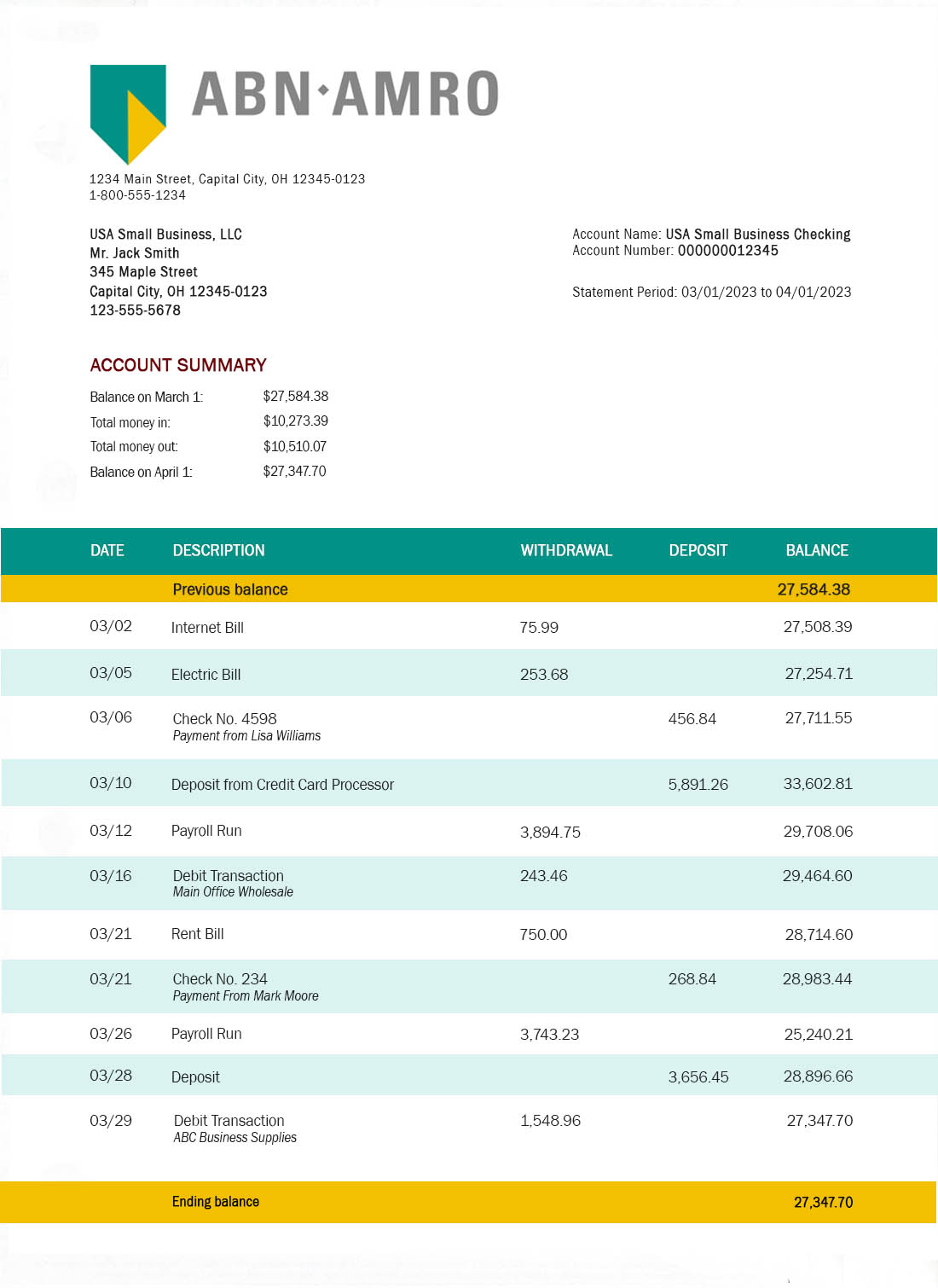 Relevé bancaire de la banque ABN AMRO